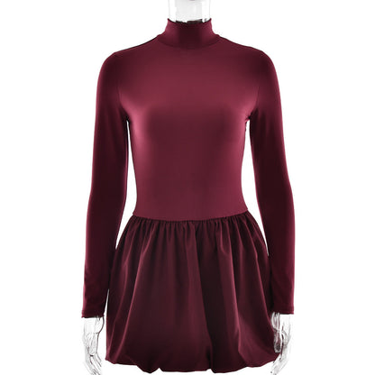 Elegant Slim Fit Women Dress Sexy Turtleneck Long Sleeved Tight Waist Pleated A line Dress by Ragazza