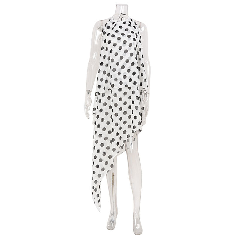 Elegant Women Clothing Sleeveless Halter Polka Dot Printed Mid Length Irregular Asymmetric Dress Cocktail Dress by Ragazza