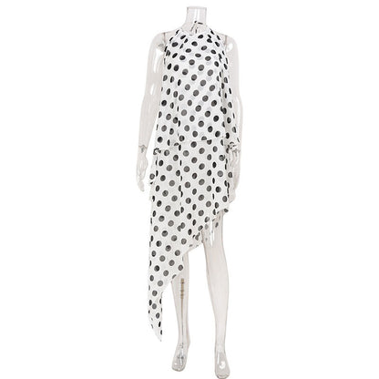 Elegant Women Clothing Sleeveless Halter Polka Dot Printed Mid Length Irregular Asymmetric Dress Cocktail Dress by Ragazza