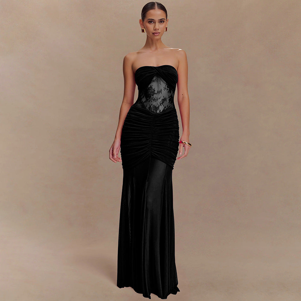 Summer Sleeveless Tube Top Dress Sexy Pleated Hollow Out Cutout Slim Dress for Women by Ragazza