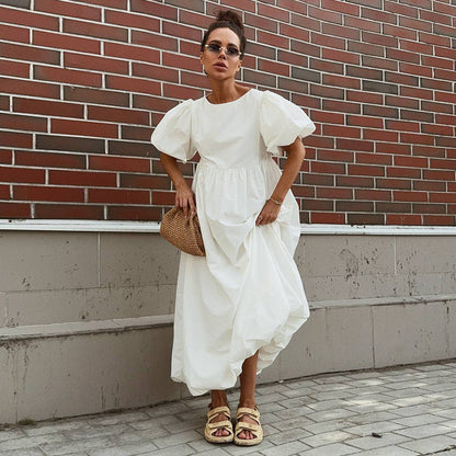 Cotton round Neck Puff Sleeve Dress Spring Summer Solid Color Loose Casual Dress for Women by Ragazza