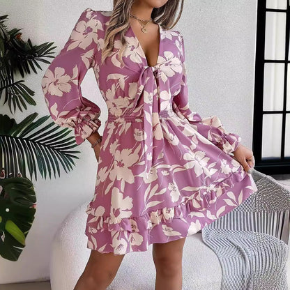 Autumn Winter Casual Floral Lace up Long Sleeve Wooden Ear A line Women Clothing by Ragazza