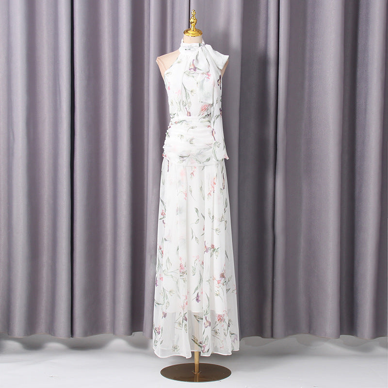 French Elegant Tea Break Dress Summer Stand Collar Printed Painted Ribbon Waist Slimming Dress Women by Ragazza