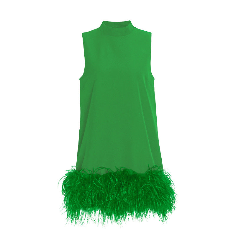 Australian Brand Design Short Autumn Stand Collar Sleeveless Solid Color Stitching Hem Feather Dress by Ragazza