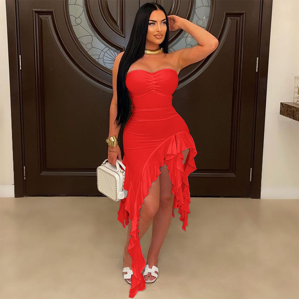 Tube Top Irregular Asymmetric Dress Solid Color Ruffles Dress Women Sheath by Ragazza