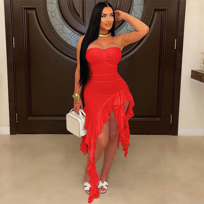 Tube Top Irregular Asymmetric Dress Solid Color Ruffles Dress Women Sheath by Ragazza