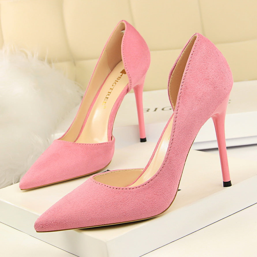 Simple Stiletto Heel Suede Shallow Mouth Pointed Toe Sexy Nightclubs Thinner Side Hollow Out Cutout Pumps  DestGlow