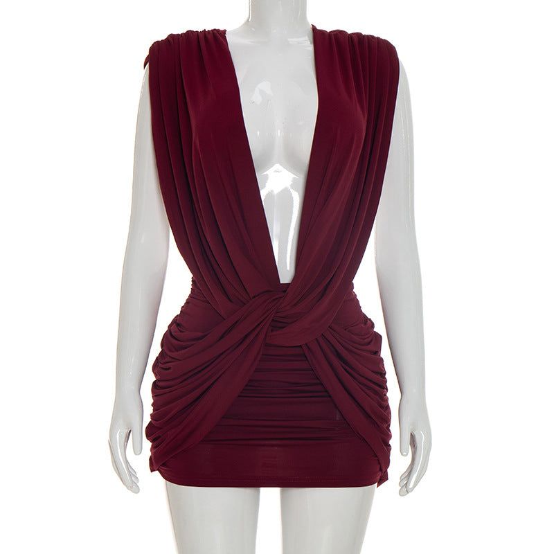 Women Clothing Summer Solid Color Casual Cross Twist Sleeveless Pleated Slim Short Dress  DestGlow