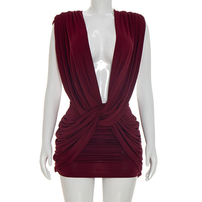Women Clothing Summer Solid Color Casual Cross Twist Sleeveless Pleated Slim Short Dress  DestGlow