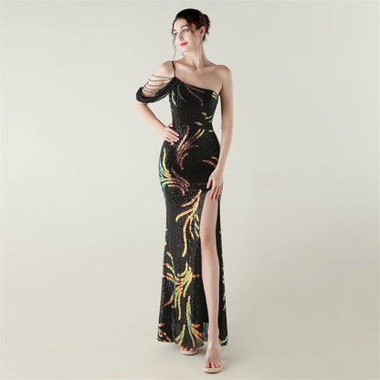 Sequin Mesh Craft Beaded Evening Dress off the Shoulder High Slit Fishtail Dress Swing Cocktail Social Socialite by Ragazza