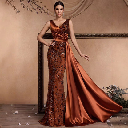 Elegant Sequin Stitching Fit V neck Sleeveless Elegant Gorgeous Noble Cocktail Party Formal Dinner Dress by Ragazza