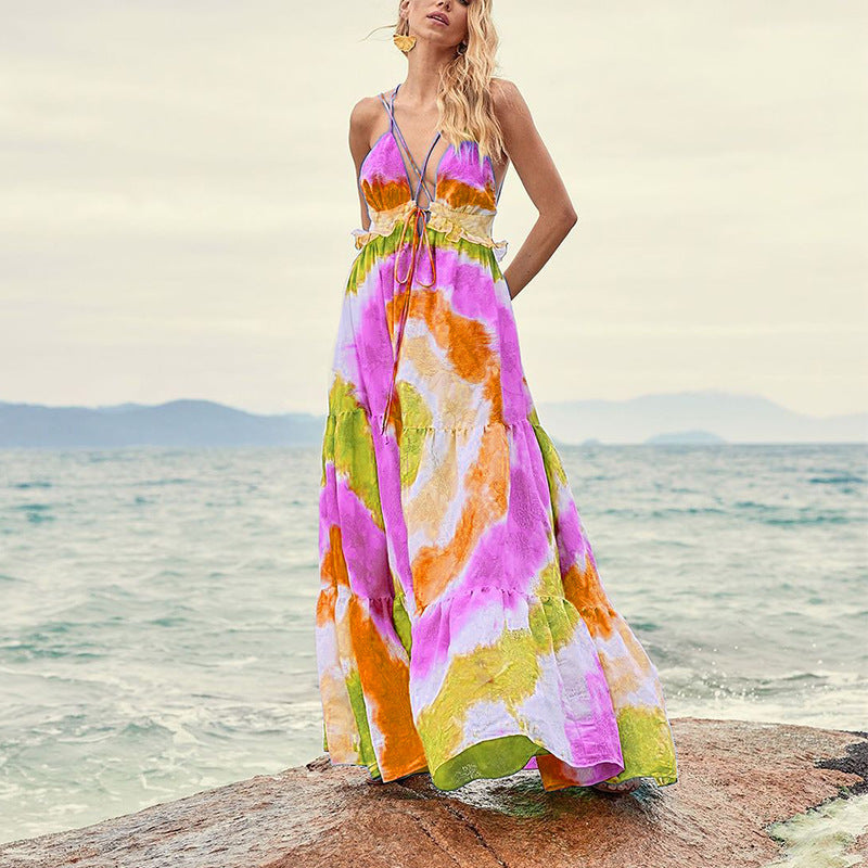 Spring Summer Tie Dye Gradient Slanted Stripe Horizontal Pattern Printing Slip Dress by Ragazza