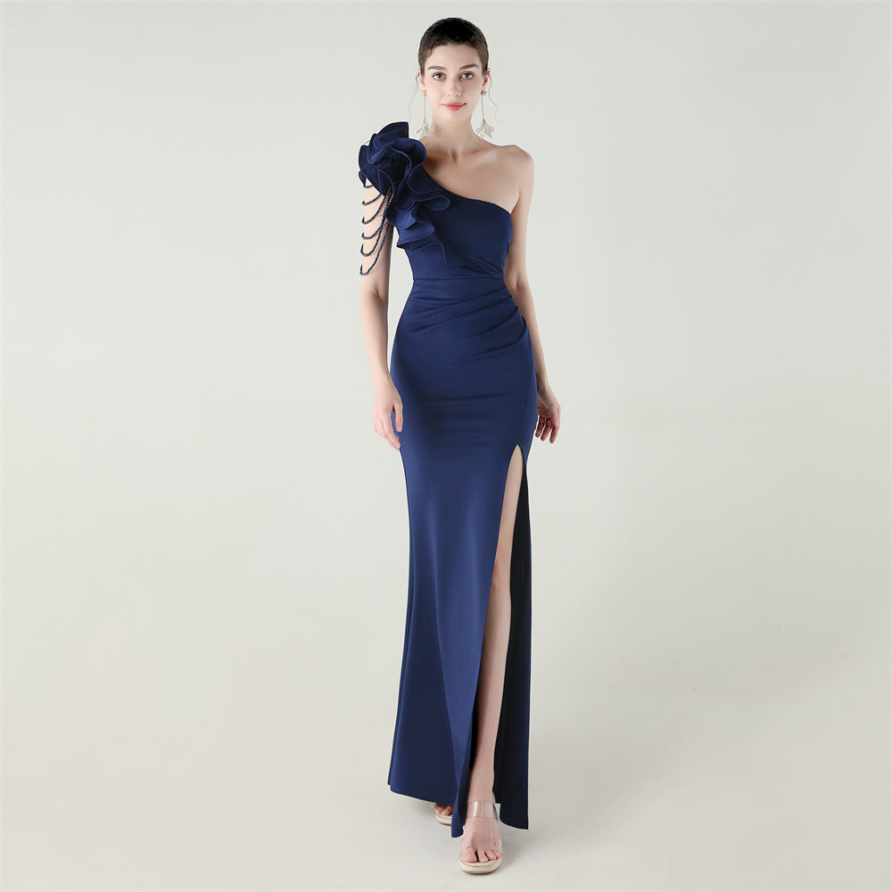 Single Shoulder Craft Beaded Nail Hair Wave Floral Satin High Slit Sexy Evening Dress Evening Cocktail Wedding by Ragazza