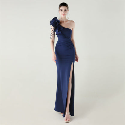 Single Shoulder Craft Beaded Nail Hair Wave Floral Satin High Slit Sexy Evening Dress Evening Cocktail Wedding by Ragazza