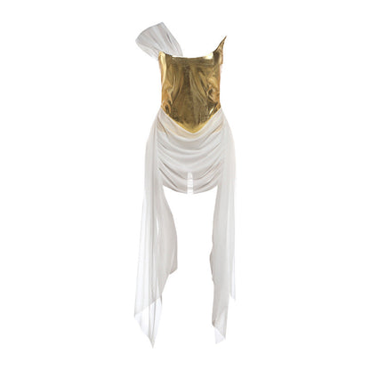 Spring Women Clothing Golden Bright Surface Mesh Stitching Ribbon Sexy Dress by Ragazza