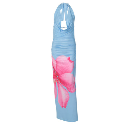 Spring Sexy Backless Slim Fit Maxi Dress Lace up Halterneck Printed Dress by Ragazza