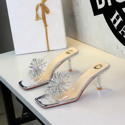 Rhinestone Fireworks Square Toe Open Toe Slippers Women Transparent Slip on Stiletto Heel Outdoor Slippers  DestGlow
