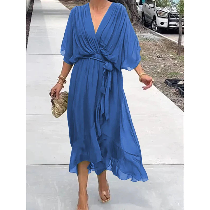 Women Clothing Solid Color Tied Maxi Dress Batwing Sleeve Irregular Asymmetric Dress by Ragazza