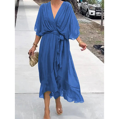 Women Clothing Solid Color Tied Maxi Dress Batwing Sleeve Irregular Asymmetric Dress by Ragazza