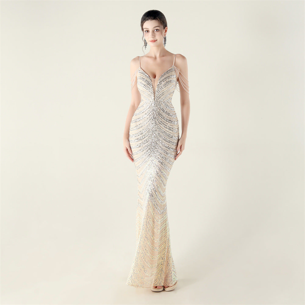 Deep V Plunge neck Wave Gradient Sequin Evening Dress Positioning Floral Cutting Craft Beaded Cocktail Battle Gown by Ragazza