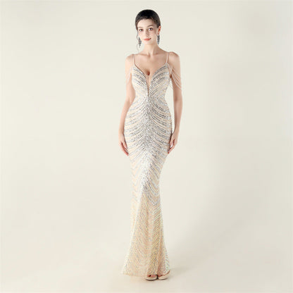 Deep V Plunge neck Wave Gradient Sequin Evening Dress Positioning Floral Cutting Craft Beaded Cocktail Battle Gown by Ragazza