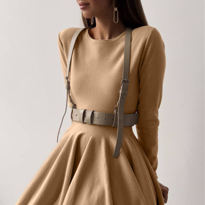Round Neck Waist Trimming Knitted Dress Women All Match Advanced Pleated Woolen by Ragazza