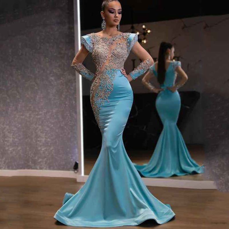 Daily Light Blue Fishtail Banquet Long Alluvial Gold Series Slimming Annual Party Evening Dress Women by Ragazza