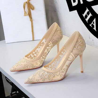 Hollow Out Cutout Super High Heel Women Shoes Pointed Toe Shallow Mouth Cocktail High Heels Floral Stiletto Heel Lace Shoes Women  DestGlow