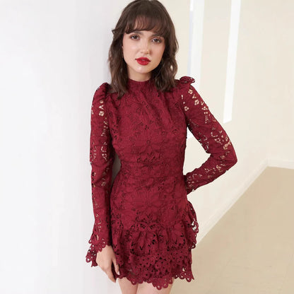 Stand Collar Long Sleeve Embroidered Floral Mesh Short Dress Hollow Out Cutout Three Dimensional Floral Lace Dress  DestGlow