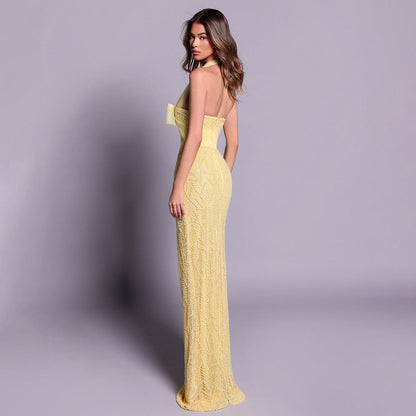 Yellow Heavy Industry Tube Bead Bow Halter Formal Dress Vision Dress Elegant by Ragazza