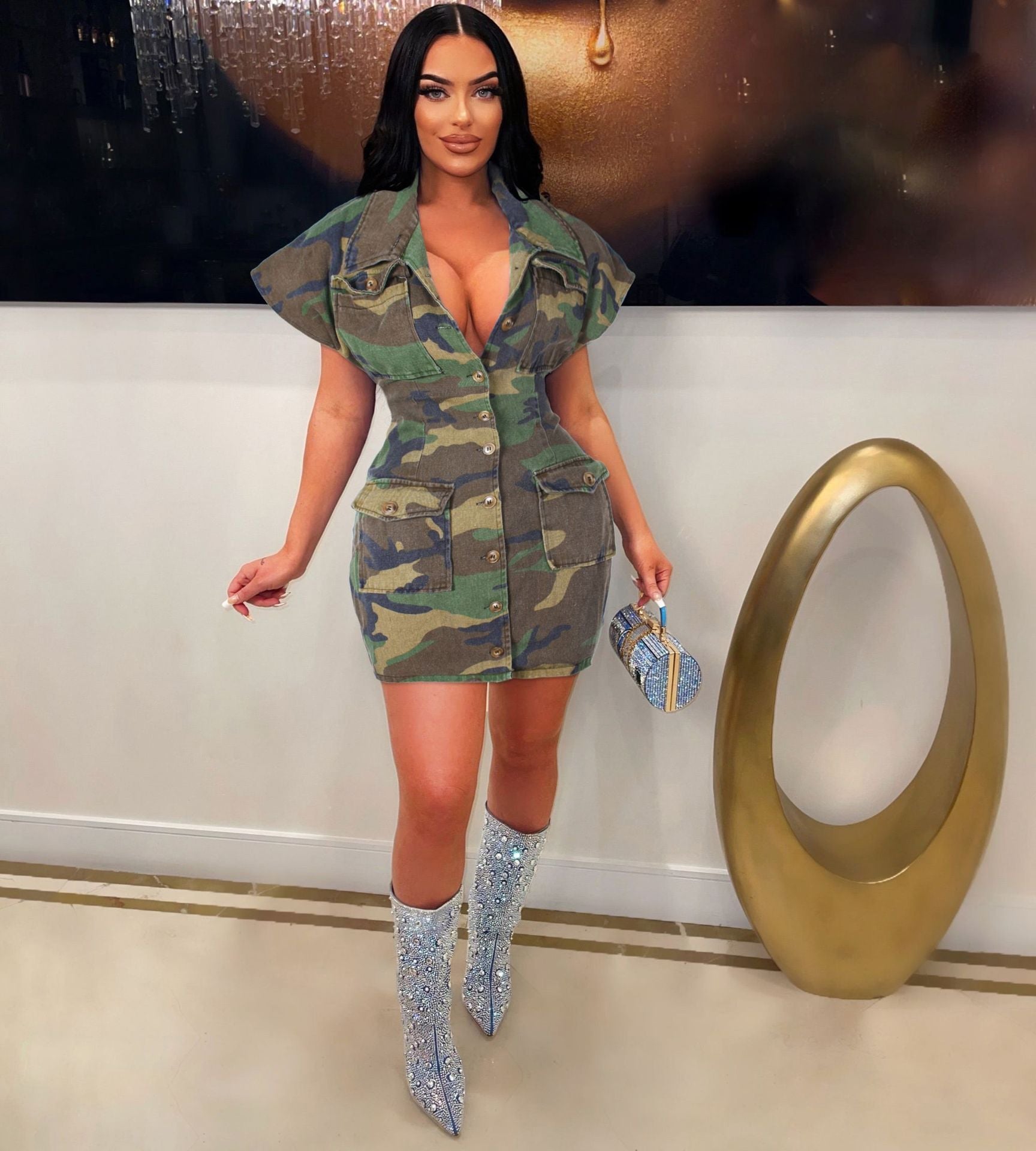 Women Clothing Personalized Sexy Large Collared Camouflage Tight Dress by Ragazza