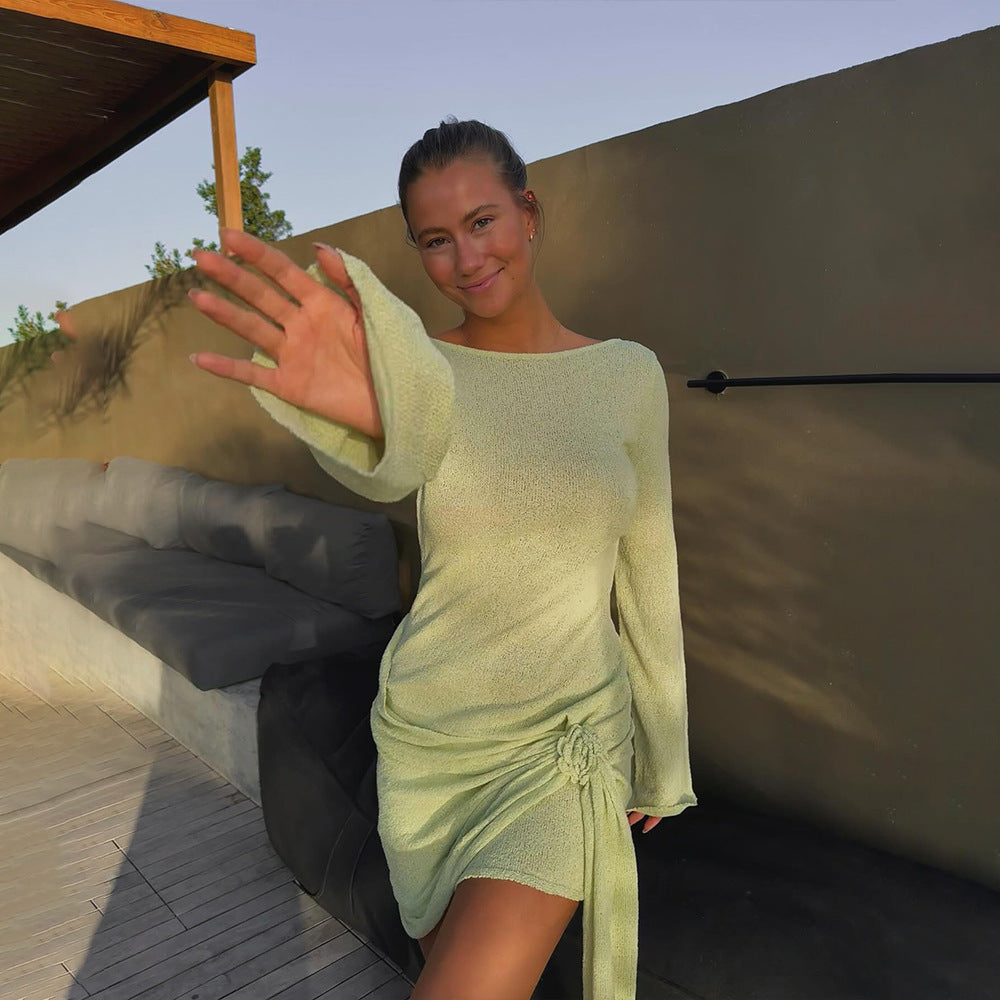Summer Knitted Long-Sleeved Dress Sexy Backless Slim Fit Dress  DestGlow