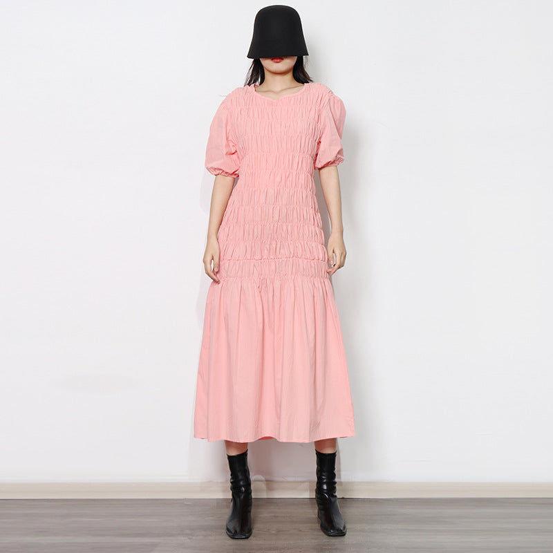 Fresh Sweet Early Spring round Neck Puff Sleeve Personalized Elastic Pleated Design Ruffled Hem Women Dress by Ragazza