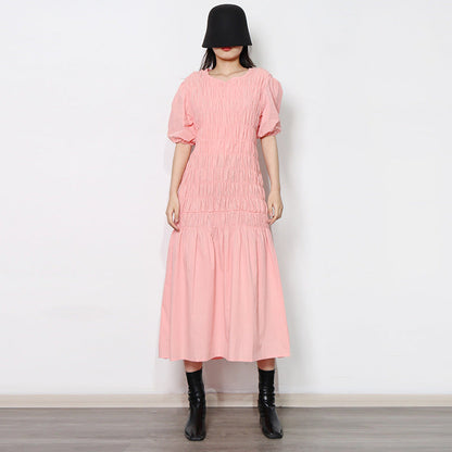Fresh Sweet Early Spring round Neck Puff Sleeve Personalized Elastic Pleated Design Ruffled Hem Women Dress by Ragazza