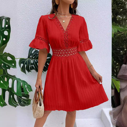 Women Clothing Summer Patchwork Lace V Neck Tight Waist Solid Color Dress by Ragazza
