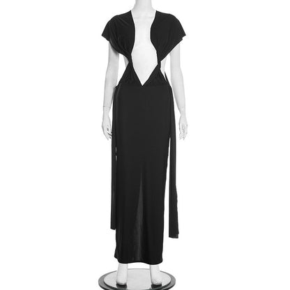 Women Clothing Spring Solid Color Sexy Pleated Hollow Out Cutout Backless Sleeveless Ribbon Maxi Dress by Ragazza