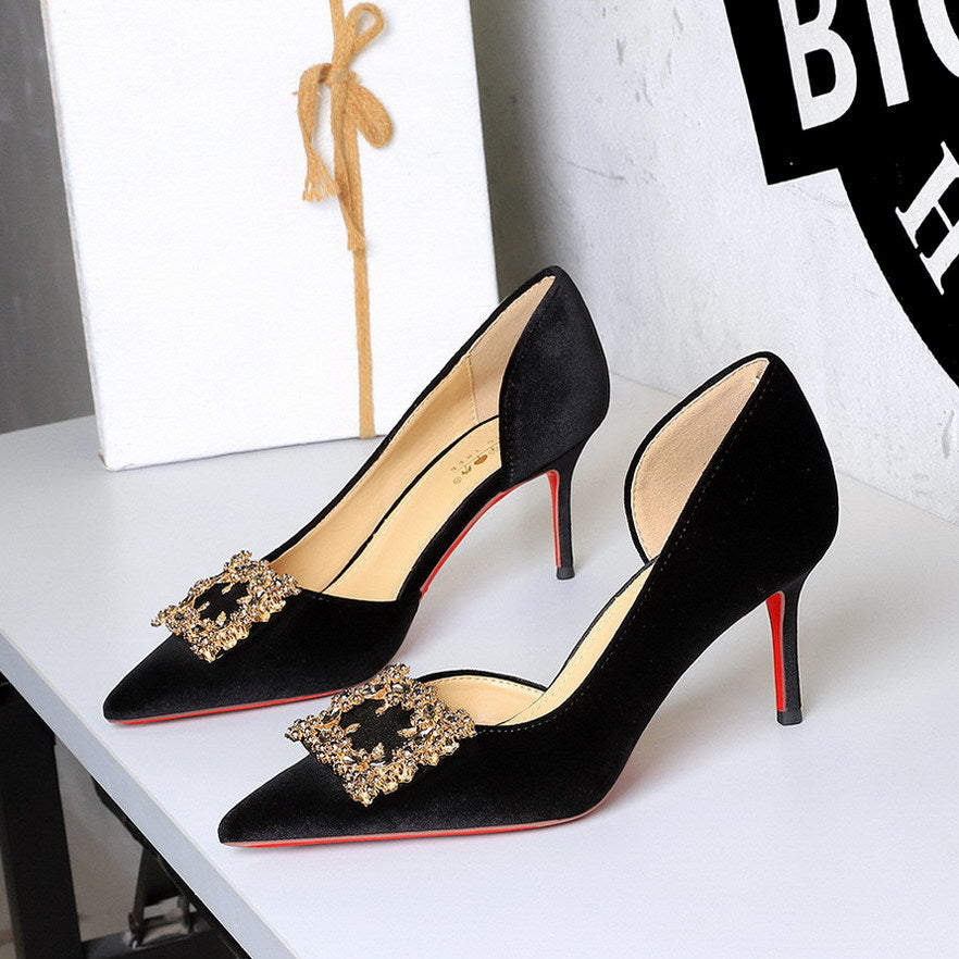 Women Super High Heel Sexy Pointed Toe Rhinestone Square Buckle Stiletto Women Shoes  DestGlow