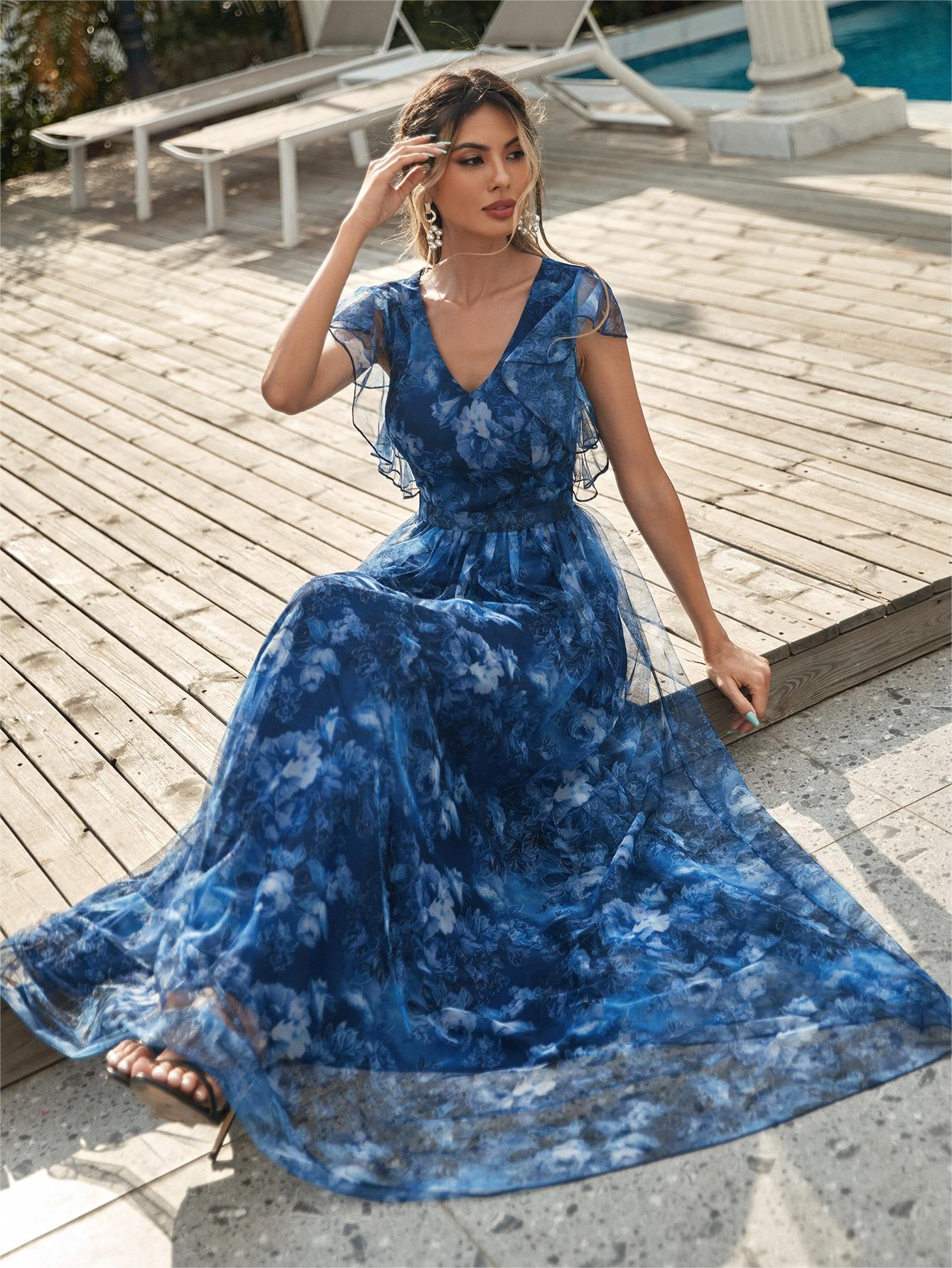Evening Dress V neck Printed Mesh Ruffled Large Swing Party Dress Bridesmaid Dress Dance Dress Spring A Line by Ragazza