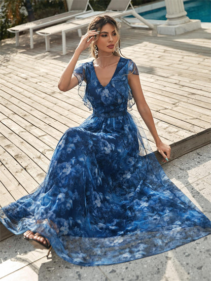 Evening Dress V neck Printed Mesh Ruffled Large Swing Party Dress Bridesmaid Dress Dance Dress Spring A Line by Ragazza