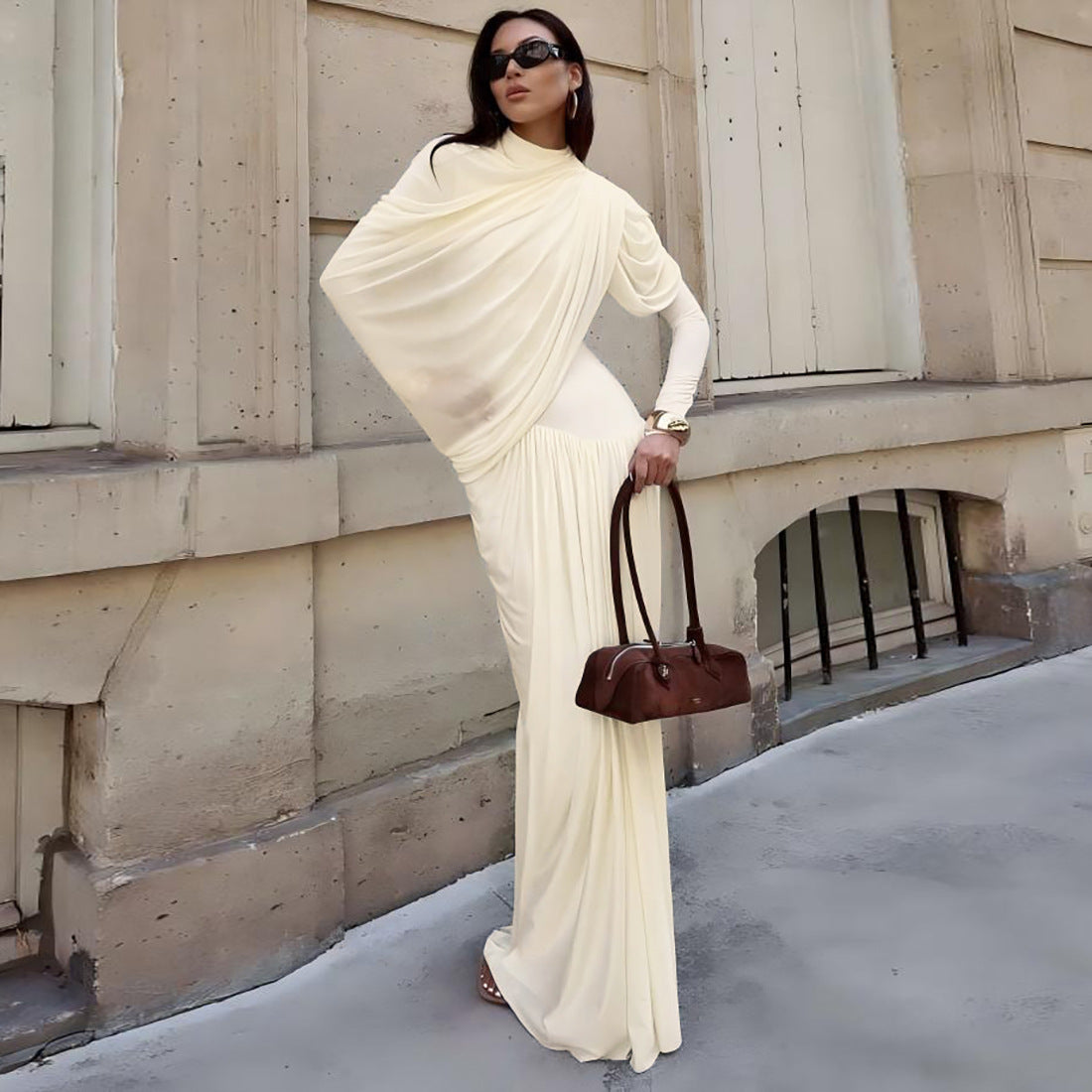 Autumn Winter Women Clothing Elegant Slim Solid Color round Neck Waist Trimming Pleated Long Sleeve Dress for Women by Ragazza
