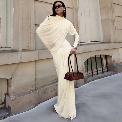 Autumn Winter Women Clothing Elegant Slim Solid Color round Neck Waist Trimming Pleated Long Sleeve Dress for Women by Ragazza