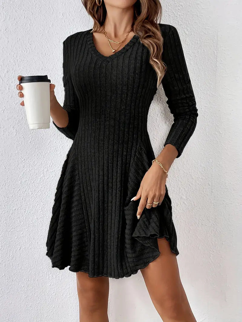 Elegant Knitted V neck Long Sleeve Dress Short Dress Large Swing Dress Women Clothing by Ragazza