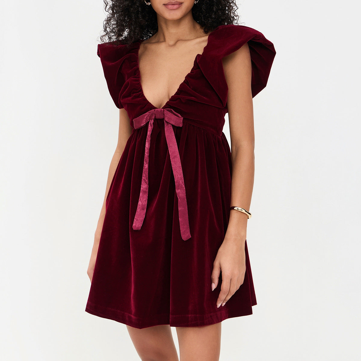 Autumn Winter V neck Bow Pleuche Party Women Dress by Ragazza