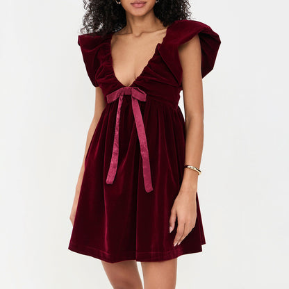Autumn Winter V neck Bow Pleuche Party Women Dress by Ragazza