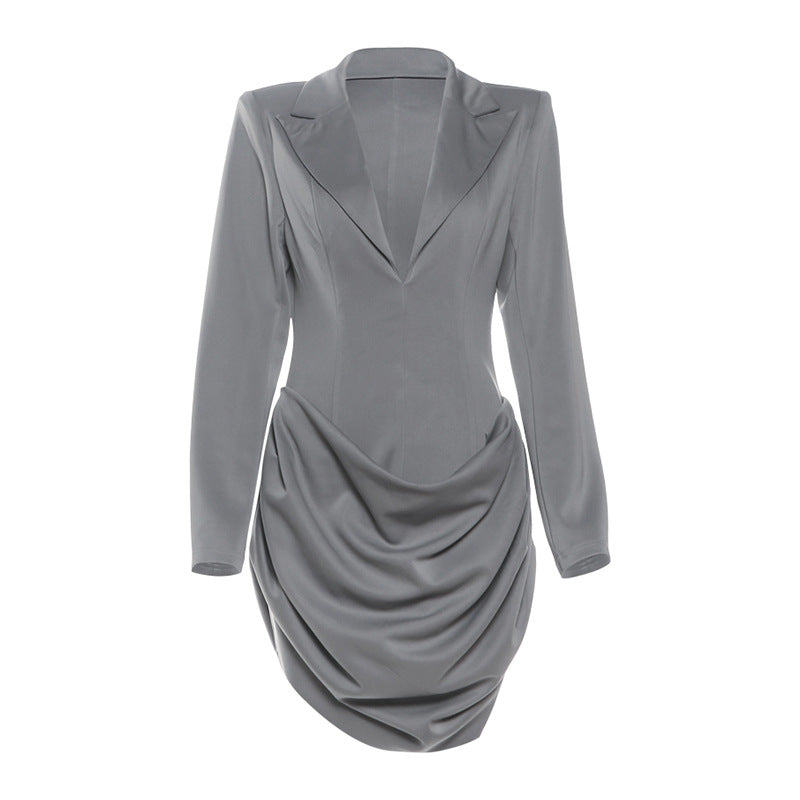 Women Clothing Autumn Winter Solid Color Slim Deep V Plunge neck Waist Controlled Slimming Blazers Dress by Ragazza