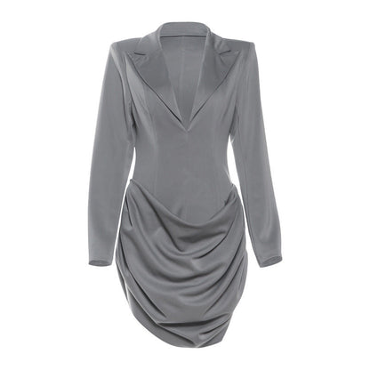 Women Clothing Autumn Winter Solid Color Slim Deep V Plunge neck Waist Controlled Slimming Blazers Dress by Ragazza
