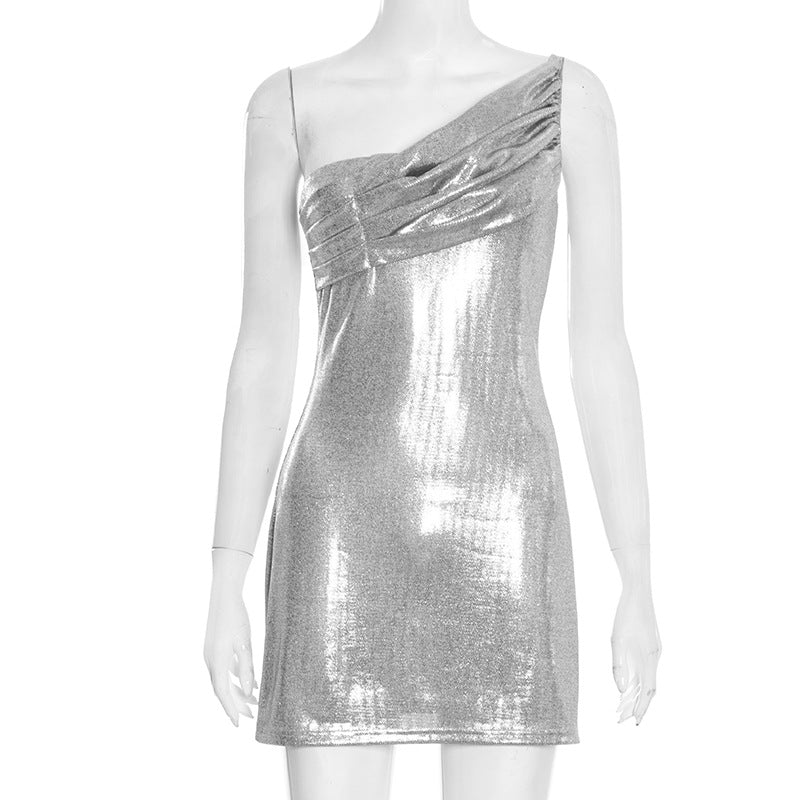 Women Clothing Spring Solid Color Sexy Slim Sleeveless Diagonal Collar Glossy One Shoulder Short Dress by Ragazza