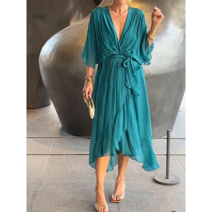 Women Clothing Solid Color Tied Maxi Dress Batwing Sleeve Irregular Asymmetric Dress by Ragazza