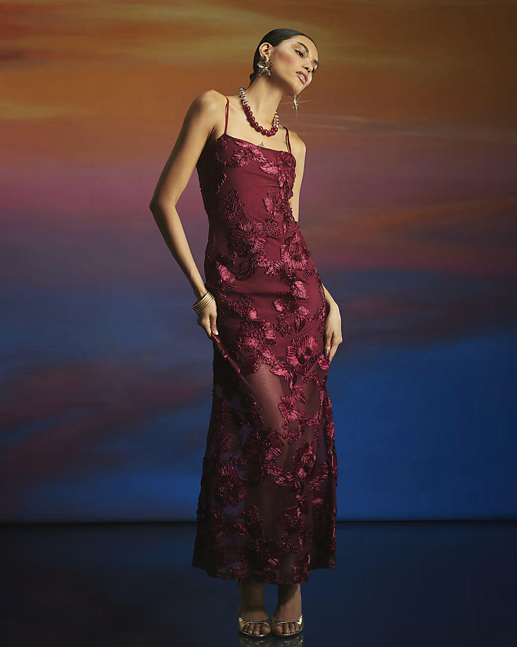 Embroidered Strap Lace up Backless Low Cut Elegant Maxi Dress by Ragazza
