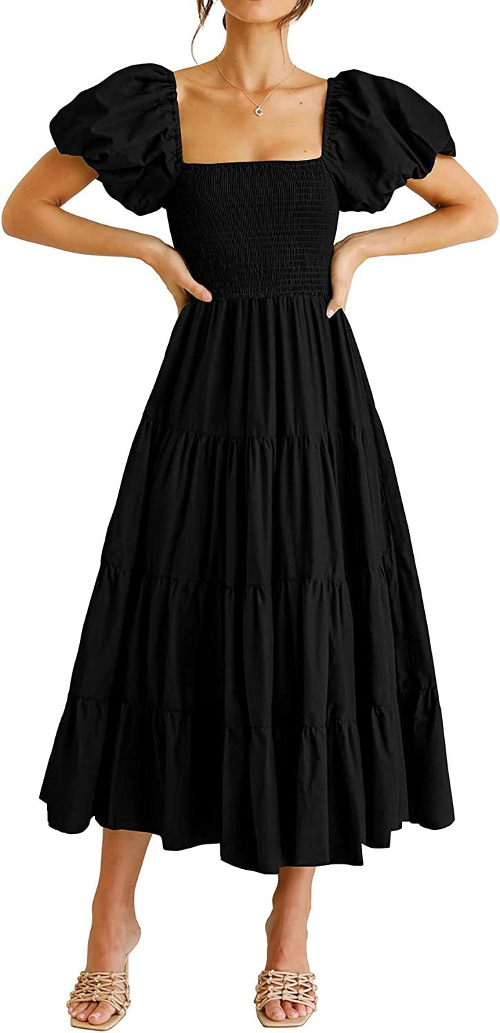 Summer Women Clothing Square Collar Backless Puff Sleeve Pleated Short Sleeves Dress by Ragazza